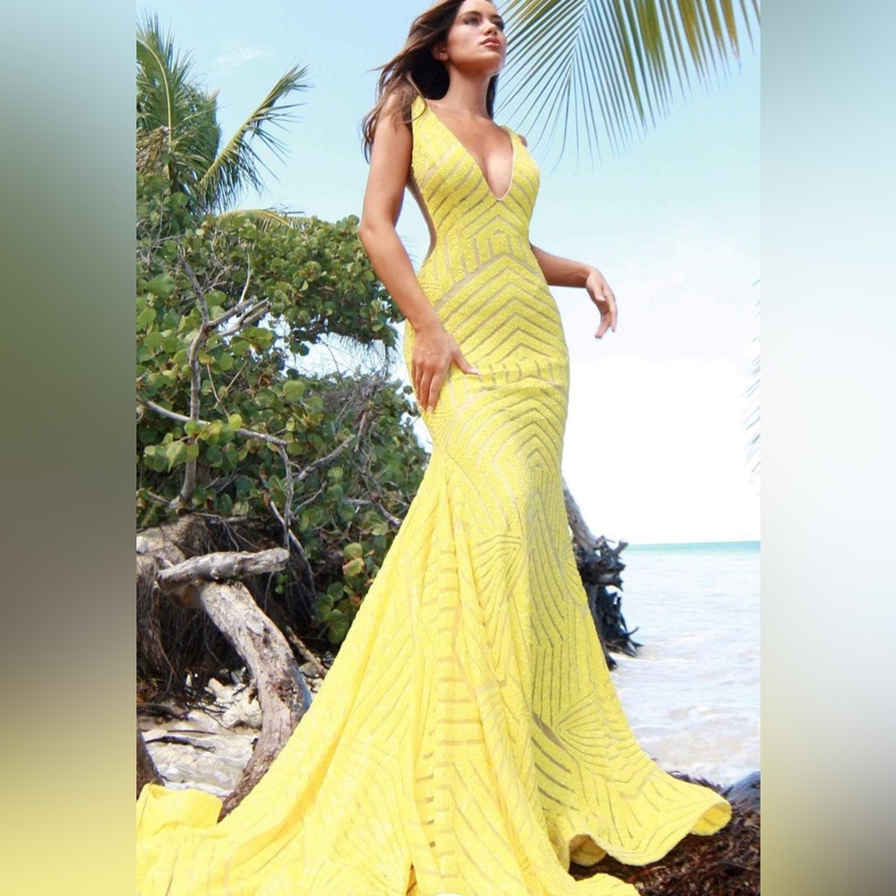 Jovani Sunshine Yellow Beaded V-Neck Mermaid Gown